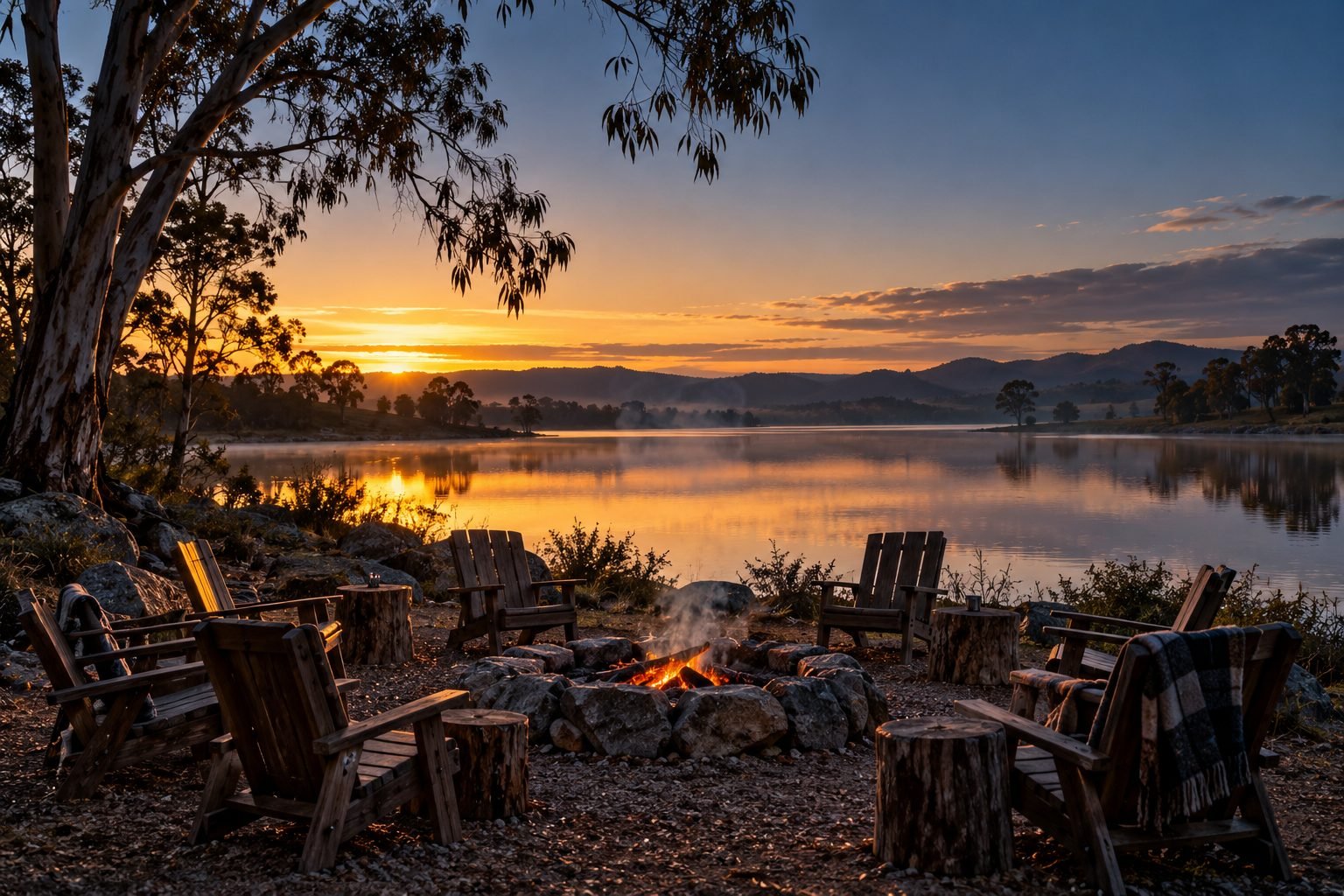 A circle of timber chairs around a fire pit beside a still lake at dawn