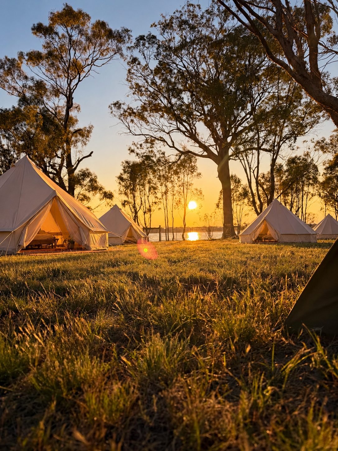 Bell tents among gum trees at sunset beside the lake at Waranga Shores
